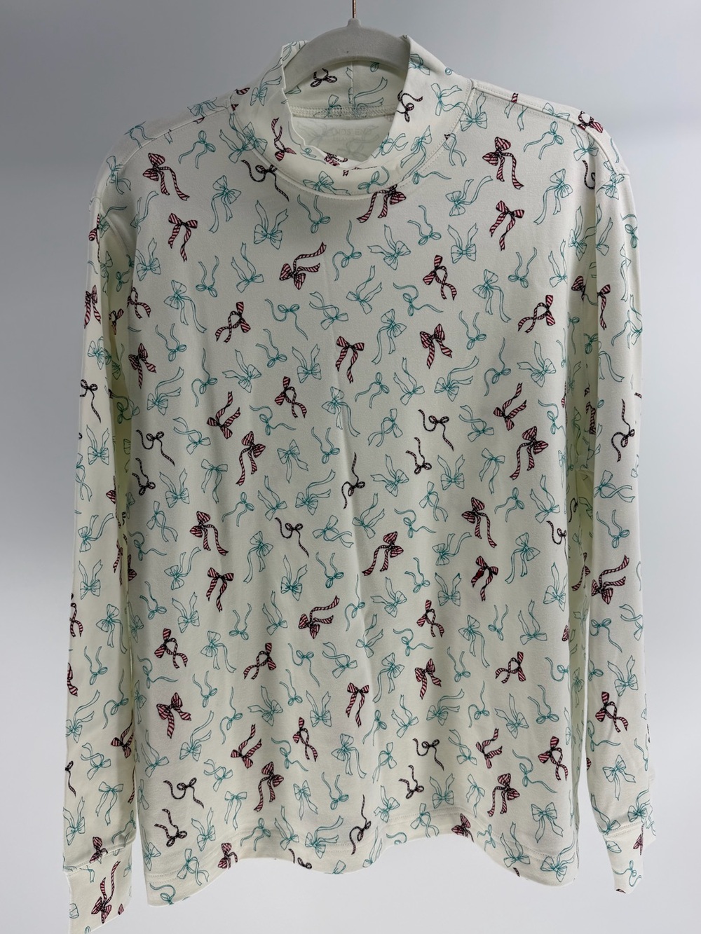 Lands' End Bow Print Cream Relaxed Fit Mock Neck Cotton Turtleneck, Women's XLP